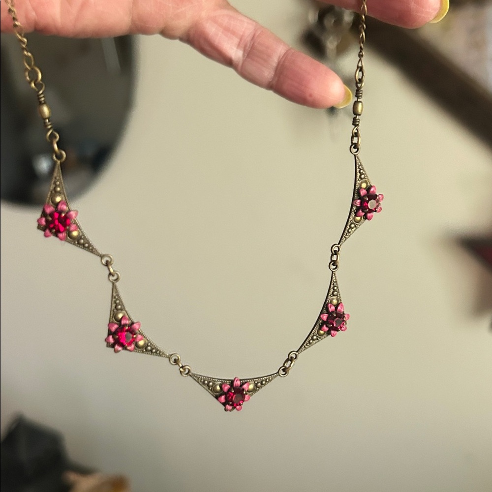 NWOT Clara Beau red/pink Swarovski crystal and brass red floral necklace.